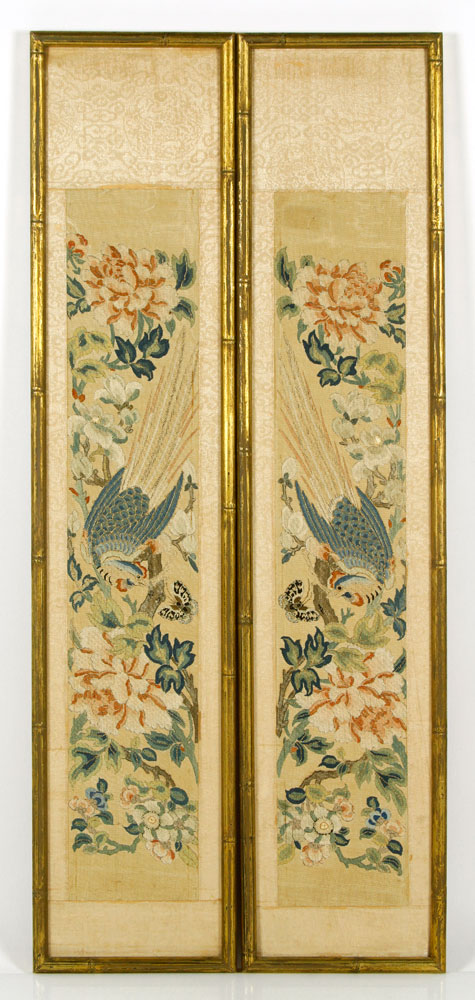 Appraisal: - Pr th C Chinese Embroidered Wall Panels Pair of