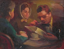 Appraisal: Modern School th Century Interior with three people reading Oil