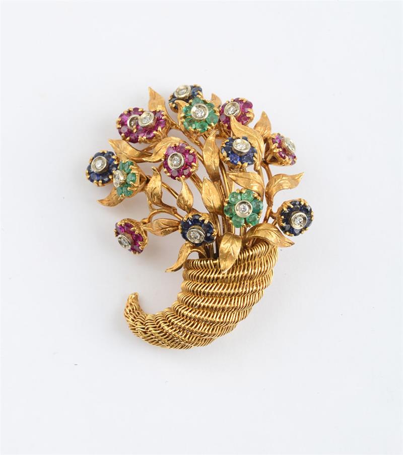 Appraisal: K GOLD DIAMOND AND COLORED STONE CORNUCOPIA BROOCH TIFFANY CO