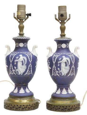 Appraisal: pair Neoclassical urn-form table lamps ornamented with volute handles hand-painted