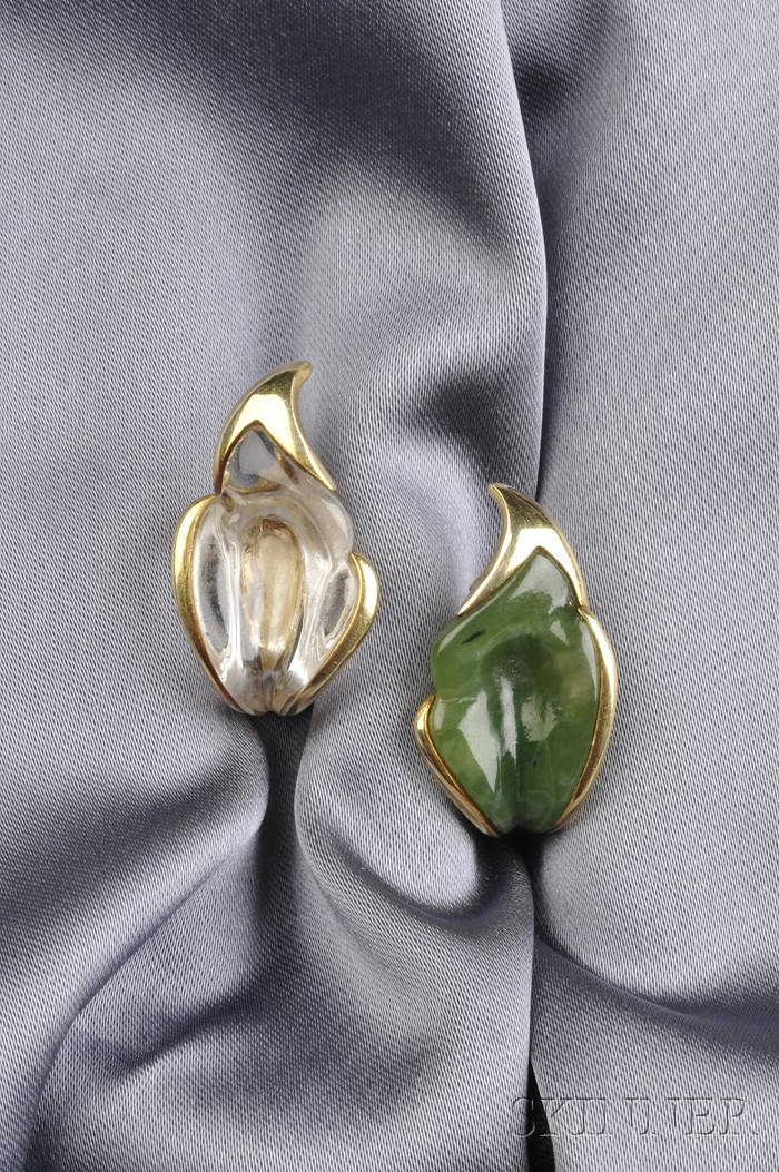 Appraisal: kt Gold Nephrite and Rock Crystal Earclips Elsa Peretti Tiffany