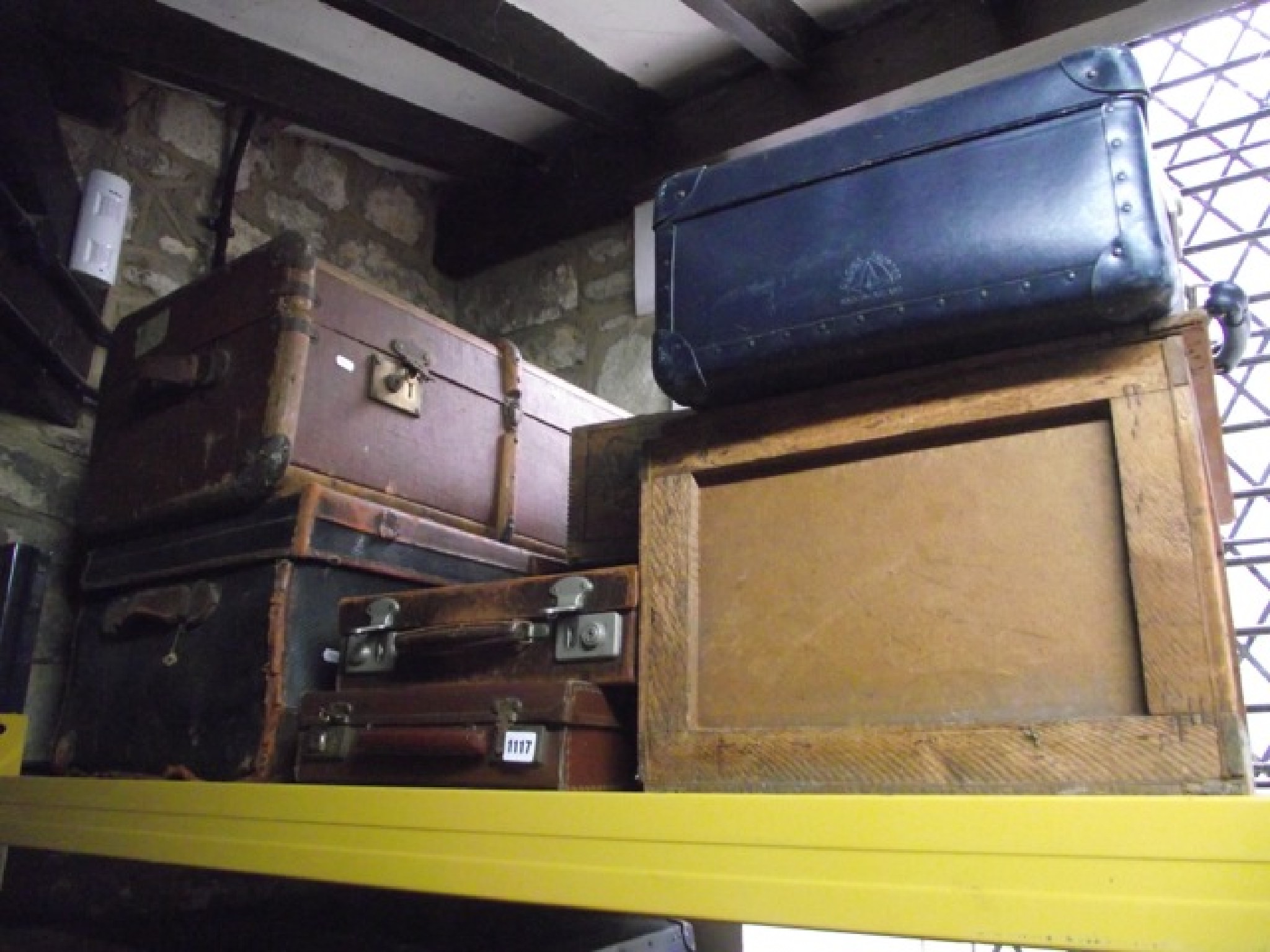 Appraisal: Two vintage fibre travelling trunks one timber lathe bound the