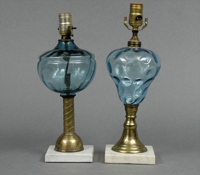 Appraisal: Two th C Blue Glass Brass and Marble Oil Lamps