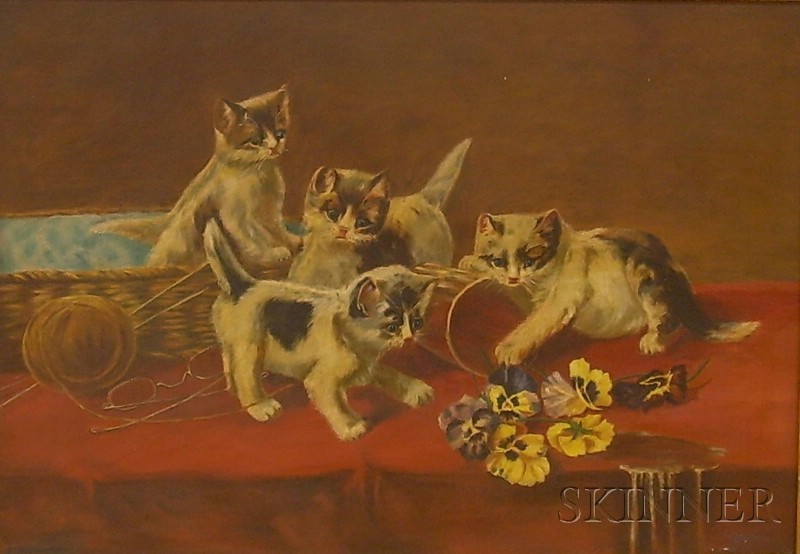 Appraisal: Late th Century American School Oil on Canvas Depicting Kittens