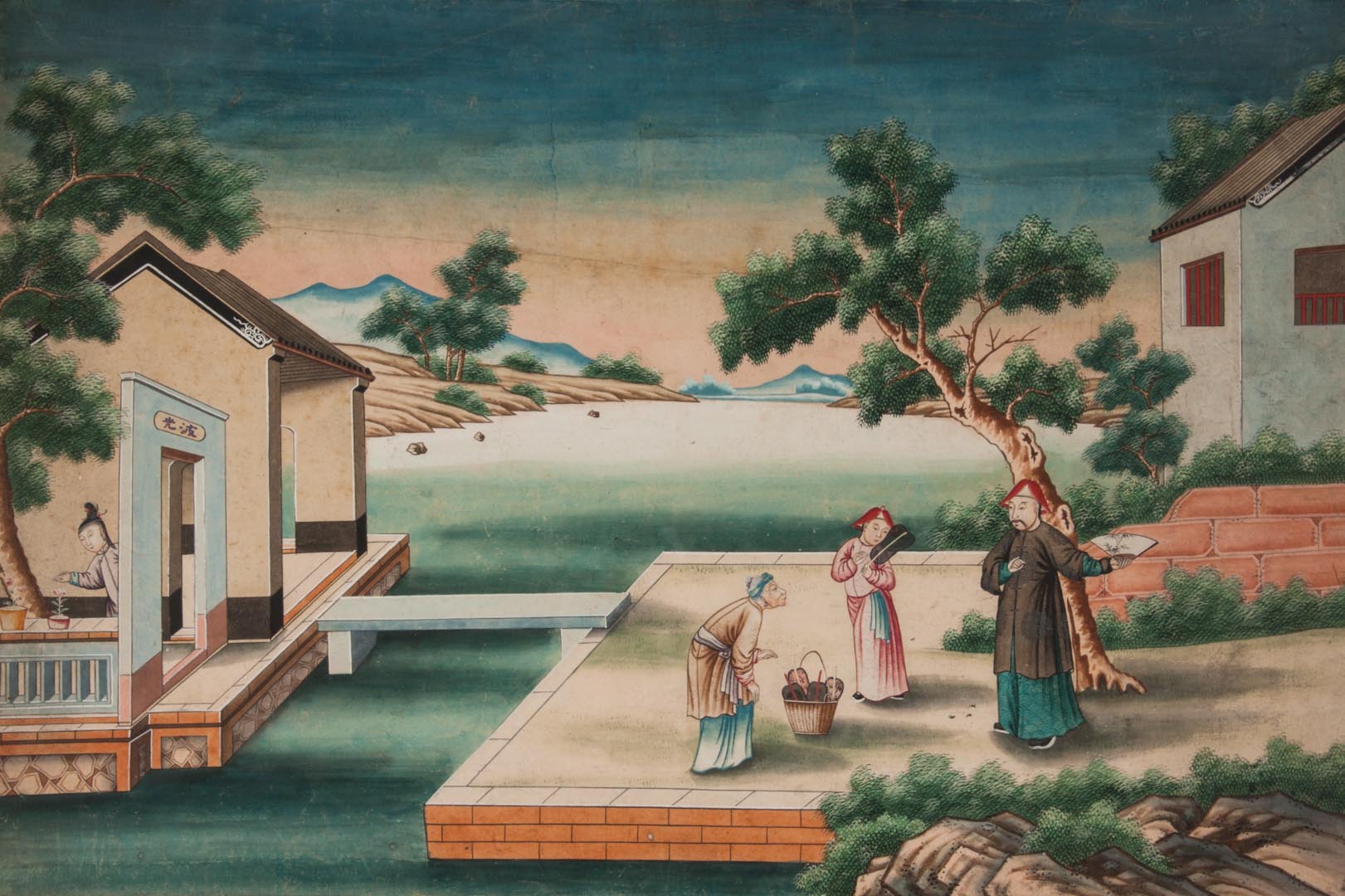 Appraisal: Chinese gouache on paper mid- th century fanciful garden with