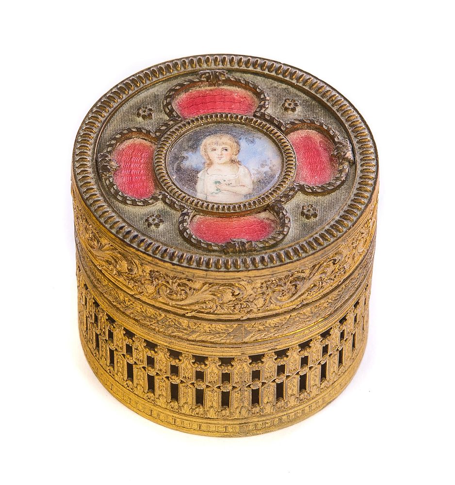 Appraisal: French Gilt Bronze ladies dresser box with painting Gilt Bronze