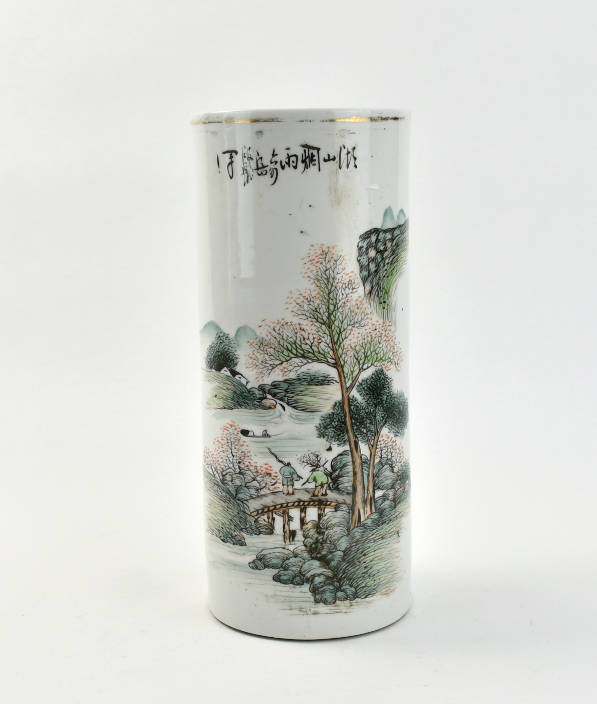 Appraisal: A Chinese th C cylindrical hat vase decorated with trees