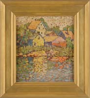 Appraisal: ELEANOR BROCKENBROUGH American - HOUSES ALONG THE POND Outstanding oil