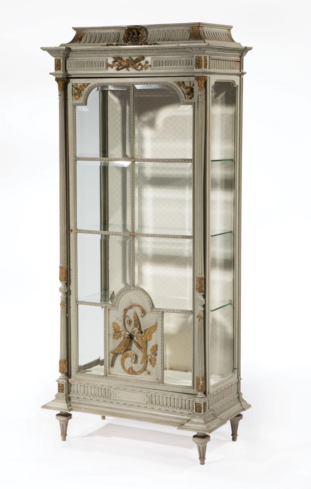 Appraisal: Louis XVI-Style Carved Gris Peinte and Parcel Gilt Vitrine late