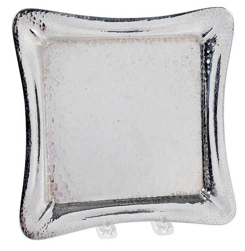 Appraisal: Tiffany Sterling Hammered Footed Tray American - shaped square form