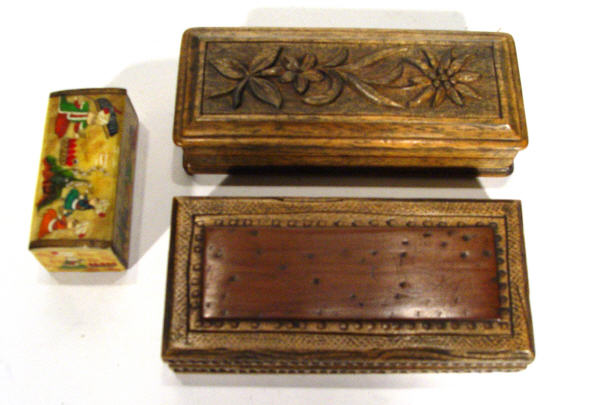 Appraisal: Two carved wooden stamp boxes together with a oriental bone