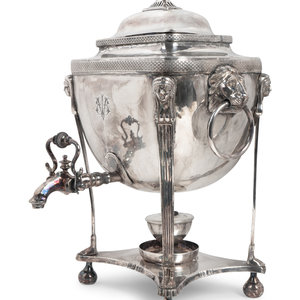 Appraisal: A Regency Style Silverplate Tea Urn Engraved above the spout