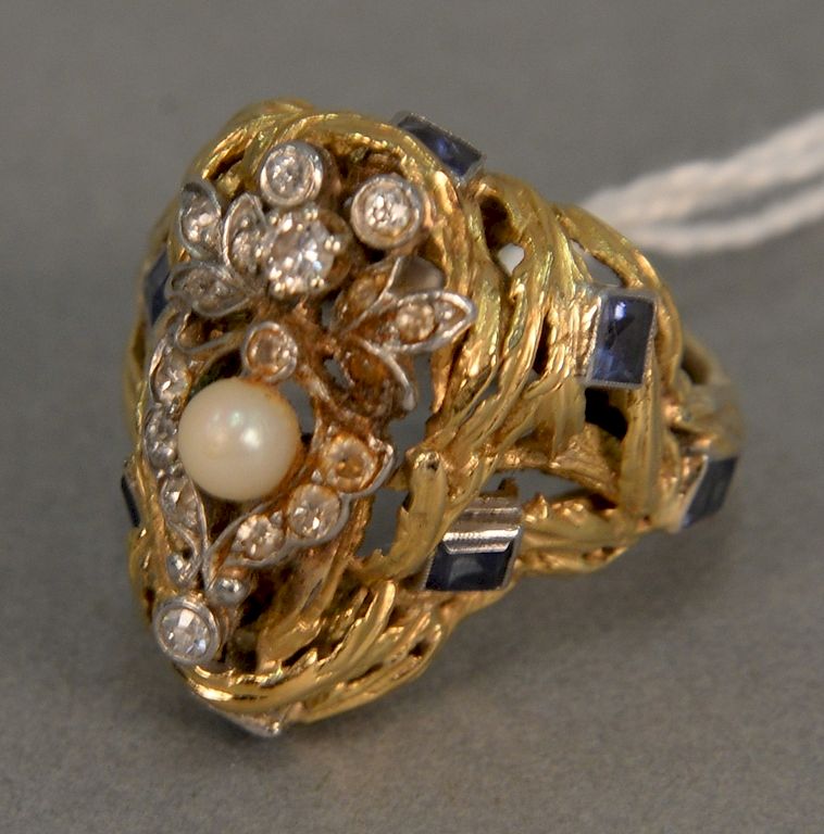 Appraisal: karat gold ring set with diamonds sapphires and pearl size