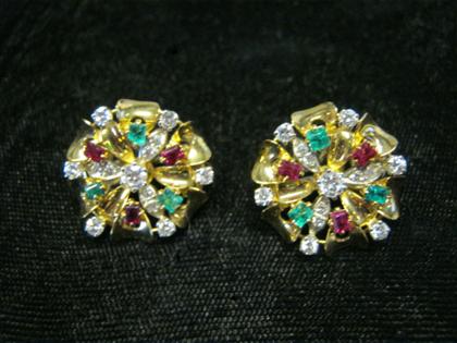 Appraisal: karat yellow gold and multi-gem set earringsPinwheel form French clip