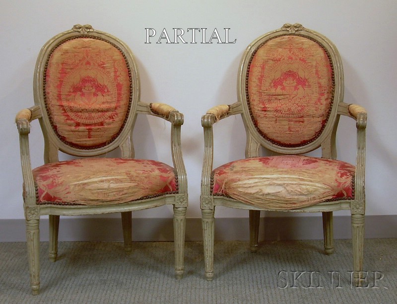 Appraisal: Set of Four Louis XVI Style Silk Damask Upholstered Painted