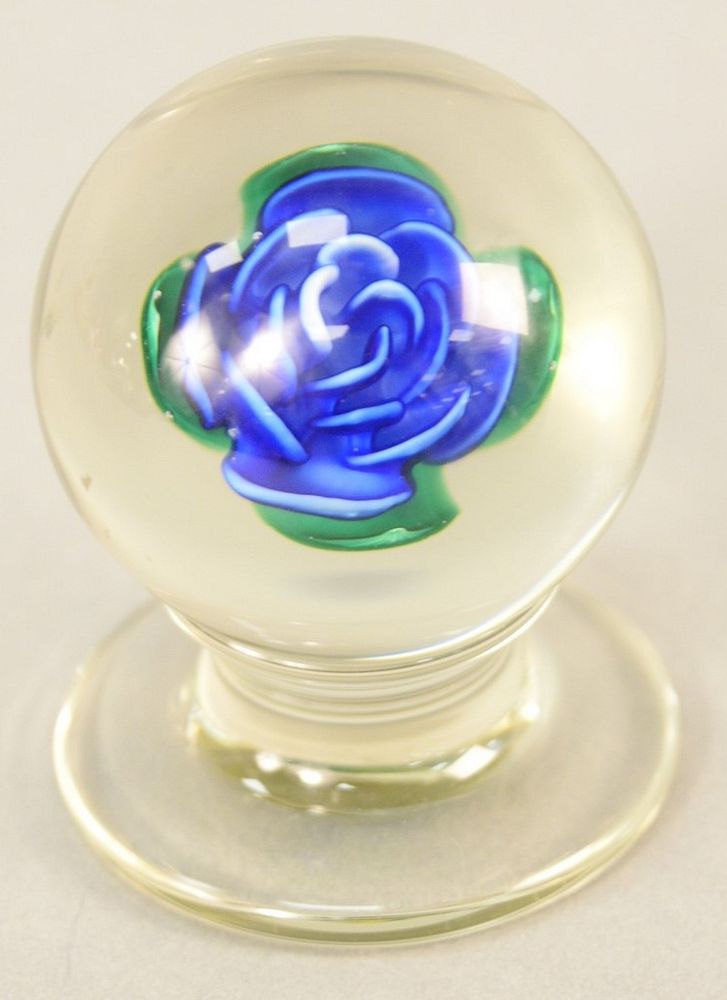 Appraisal: Millville blue rose glass paperweight on pedestal base ht in