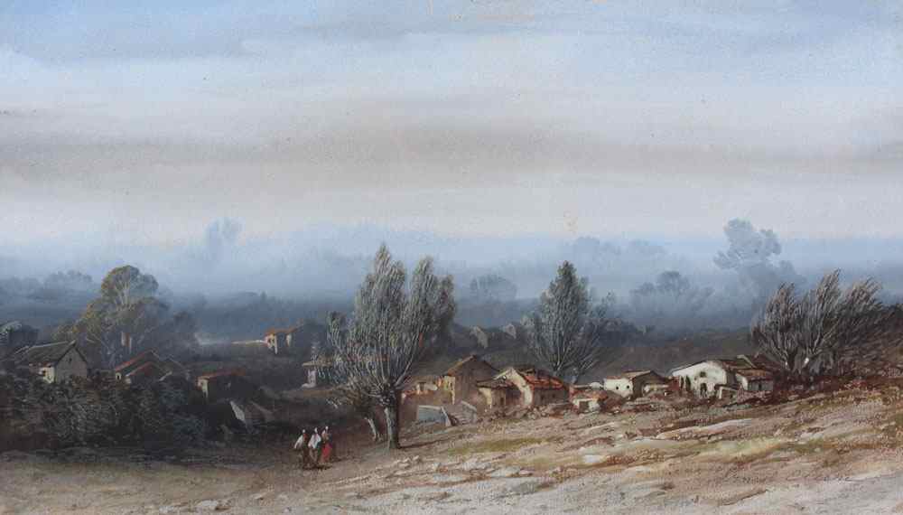 Appraisal: CICERI Ernest American - Village Landscape with Figures Watercolor and