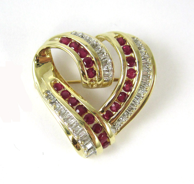 Appraisal: RUBY DIAMOND AND FOURTEEN KARAT GOLD BROOCH The open heart