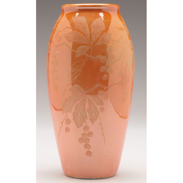 Appraisal: Weller Besline vase swollen form with etched leaves and berries