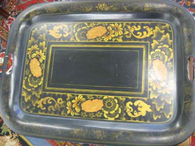 Appraisal: Tole Tray gold butterfly floral on black handled '' x