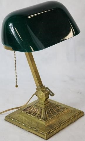 Appraisal: BRASS EMERALITE ADJUSTABLE DESK LAMP WITH CASEDGREEN SHADE ORNATE EMBOSSED