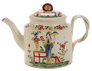 Appraisal: English Creamware Chinoiserie Teapot and Cover th century drum-shaped body