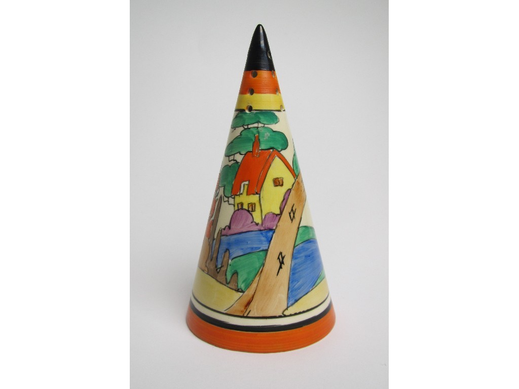 Appraisal: A Clarice Cliff Orange Roof Cottage pattern conical sugar sifter