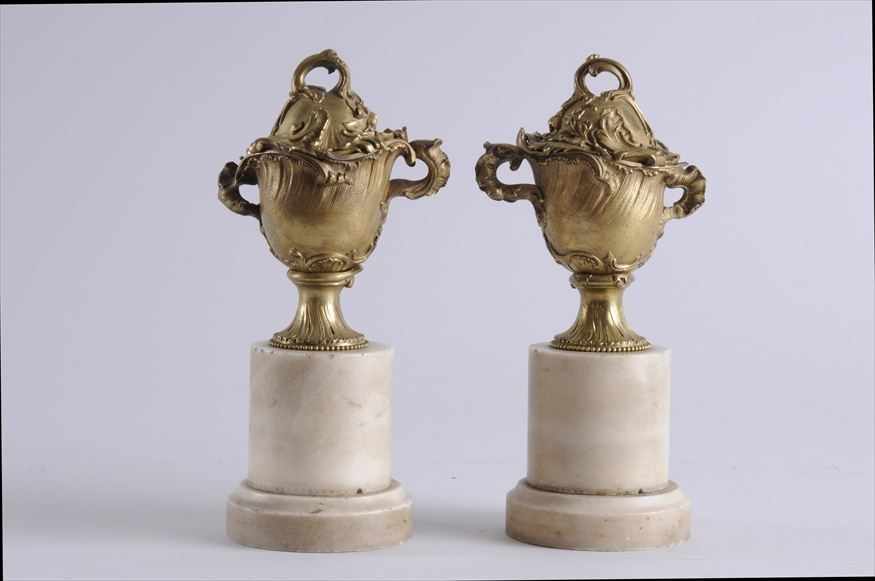 Appraisal: PAIR OF LOUIS XV STYLE GILT-BRONZE URNS AND COVERS ON