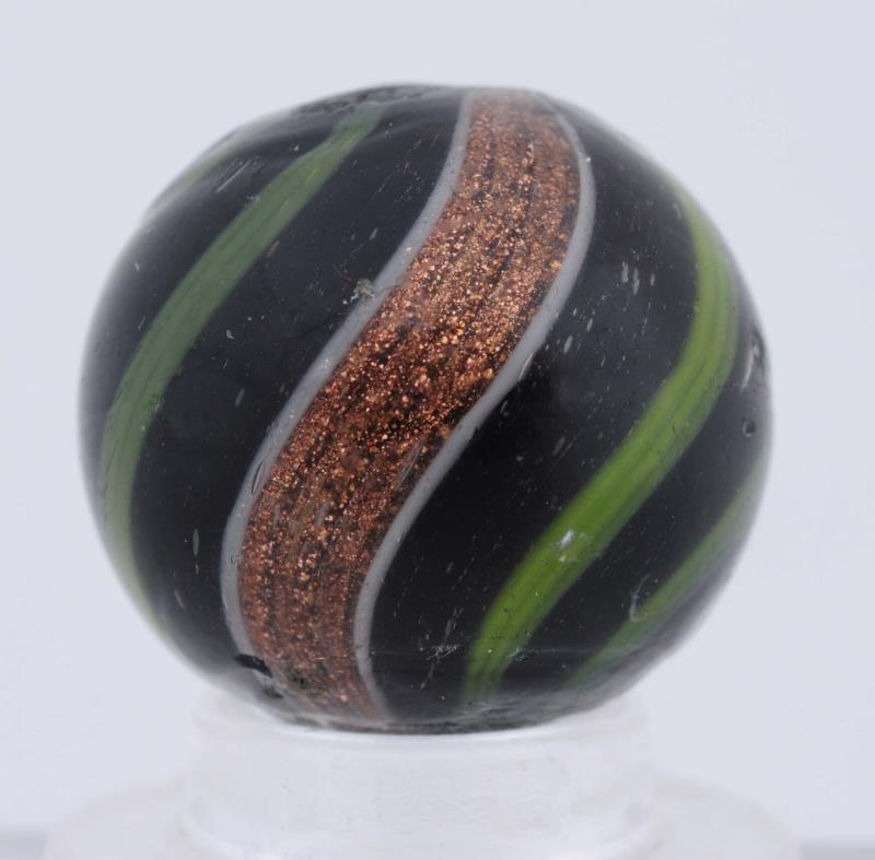 Appraisal: Black Opaque Banded Lutz Marble Black base with yellowish-green bands