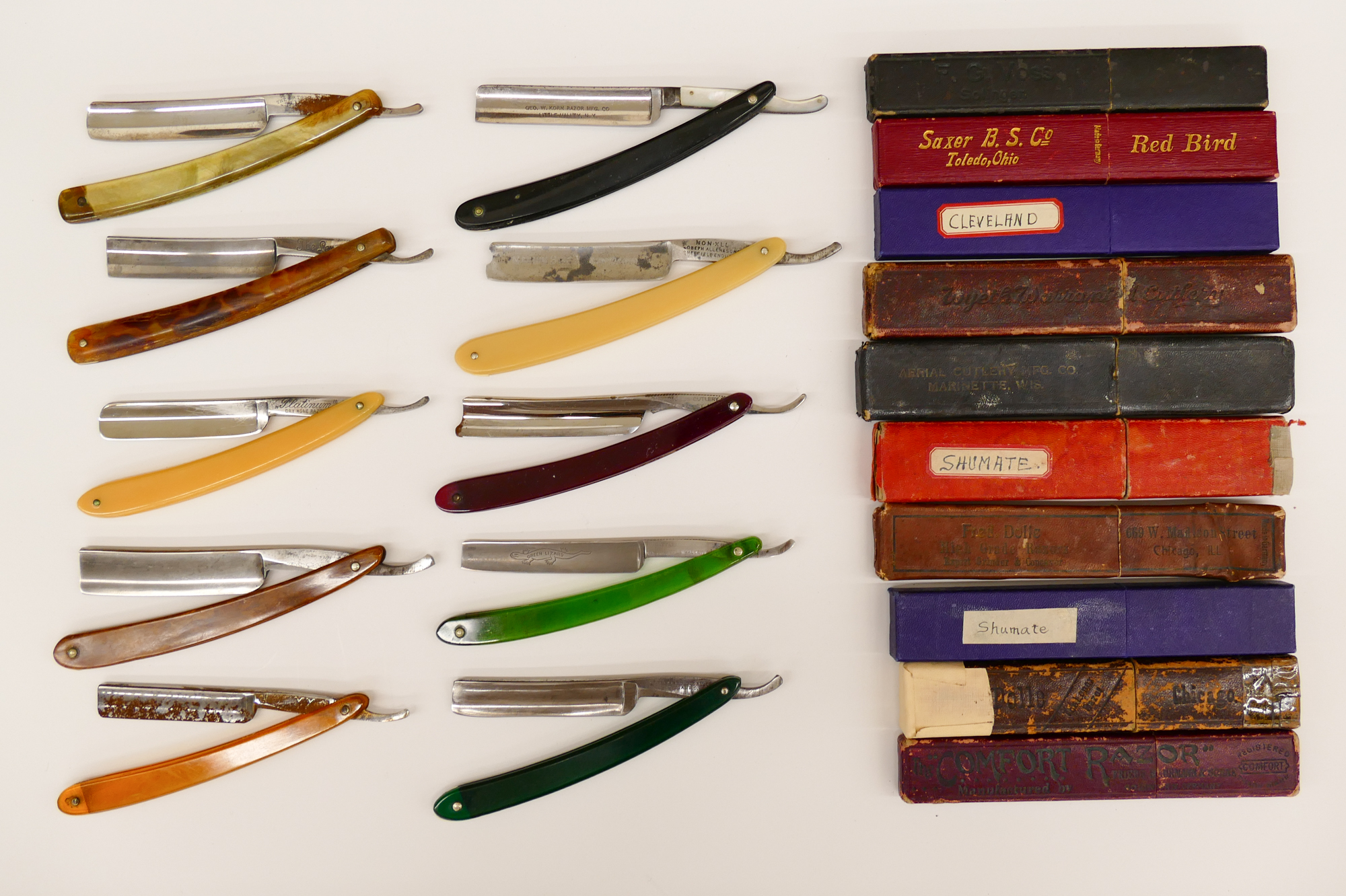 Appraisal: Tray pc Antique Straight Razors with Color or Interesting Handles