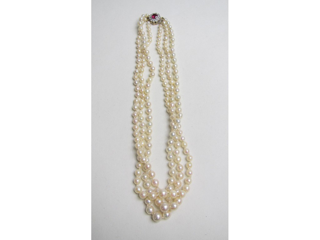 Appraisal: Three strand cultured pearl necklace with ct gold gem cluster