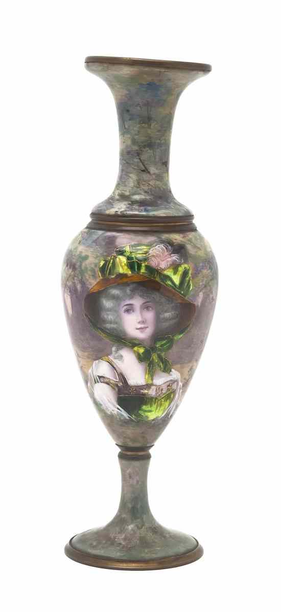 Appraisal: A French Enameled Copper Vase of baluster form depicting a