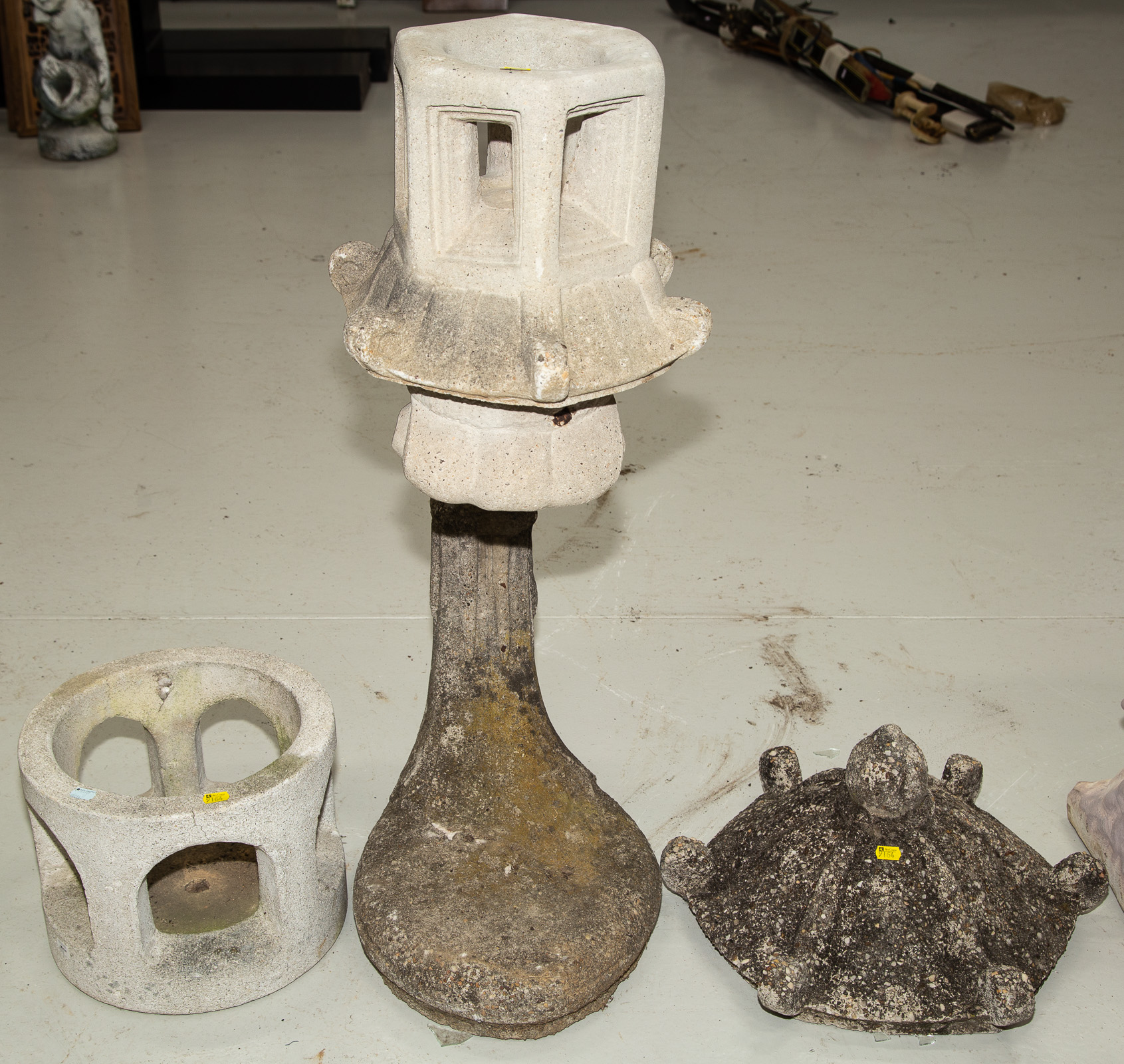 Appraisal: THREE CONCRETE GARDEN ITEMS Includes lantern shaped fountain on stand