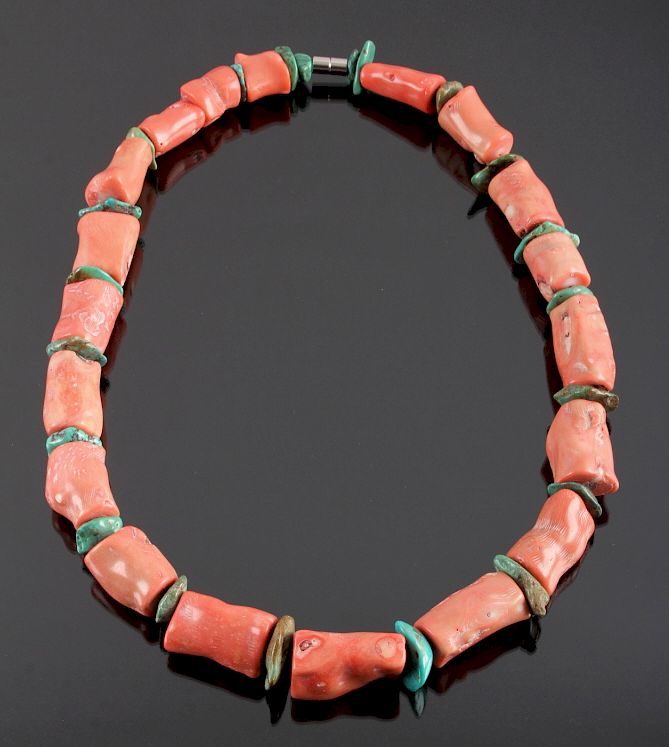 Appraisal: Navajo Coral Turquoise Nugget Necklace This is a Navajo Native