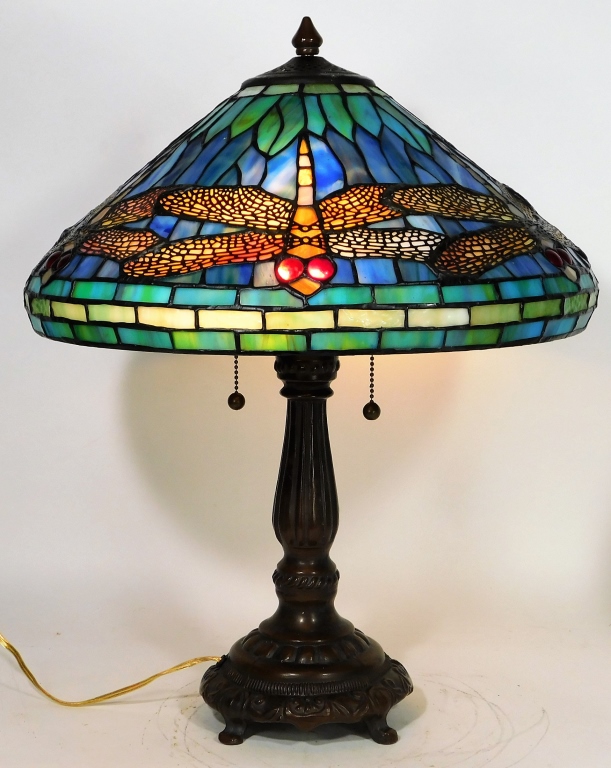 Appraisal: AMERICAN DRAGONFLY SLAG GLASS LAMP United States th CenturyMosaic of