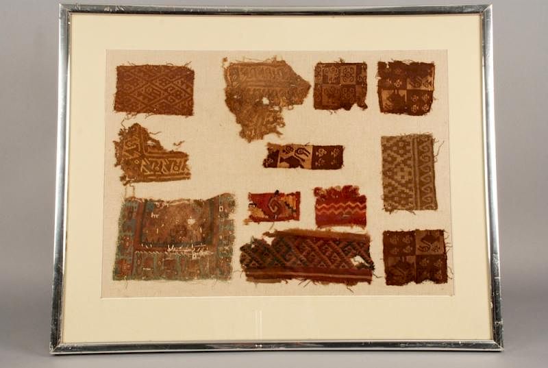 Appraisal: FRAMED PERUVIAN TEXTILE FRAGMENTS Twelve samples mostly Pre-Columbian Smallest x