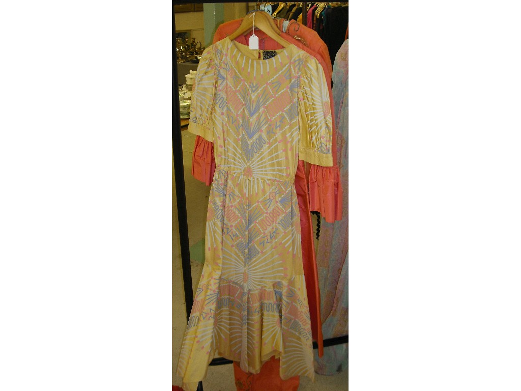 Appraisal: Zandra Rhodes yellow printed silk dress coral silk dress and