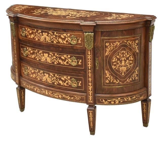 Appraisal: Spanish burlwood demilune sideboard early th c with contrasting floral