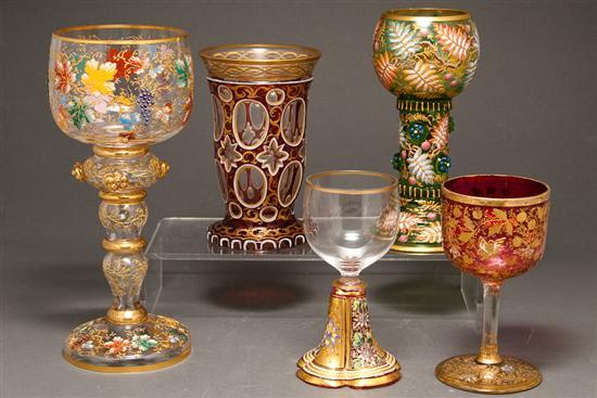 Appraisal: Five assorted Bohemian enameled parcel-gilt glass wine stems early th