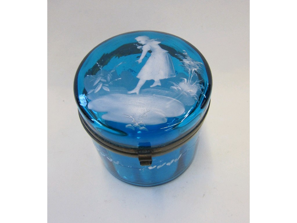 Appraisal: Mary Gregory style lidded blue glass pot decorated with a