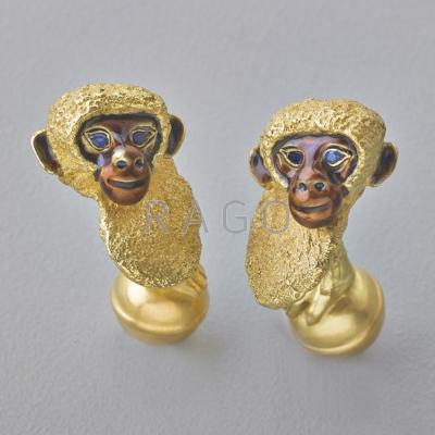 Appraisal: TIFFANY CO ENAMELED GOLD MONKEY CUFFLINKS Figural monkey busts naturalistically