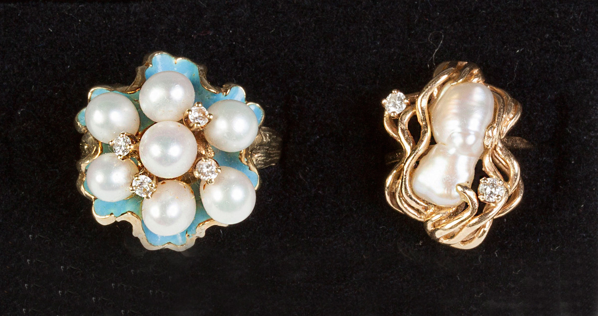 Appraisal: Two K Gold Pearl Rings L Seed pearls - mm