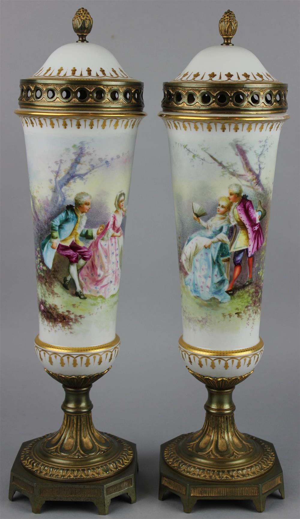 Appraisal: PAIR OF GILT BRONZE MOUNTED SEVRES STYLE COVERED VASES bearing