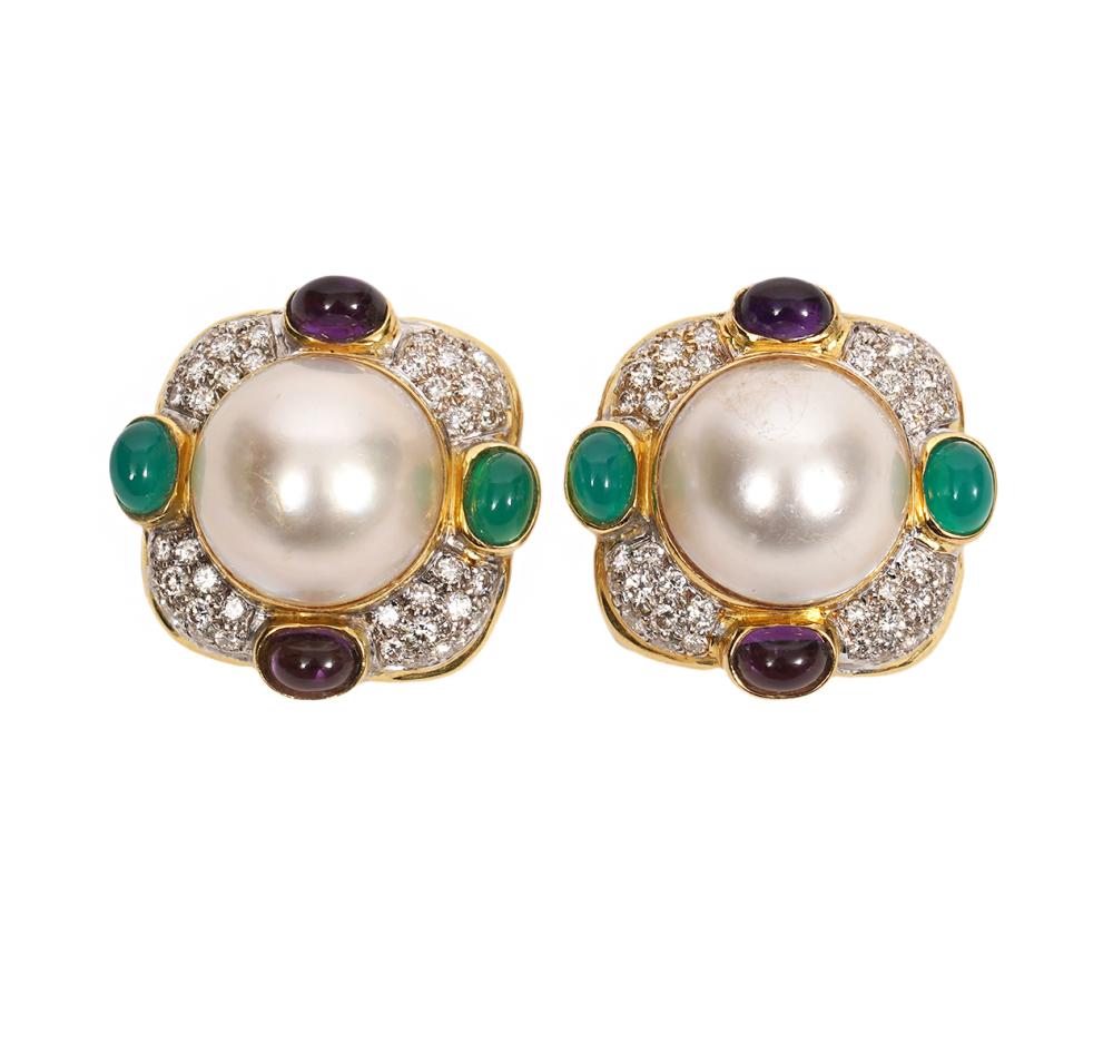 Appraisal: K PEARL DIA AMETHYST CHRYSOPRASE EARRINGSDiamond amethyst mabe pearl and