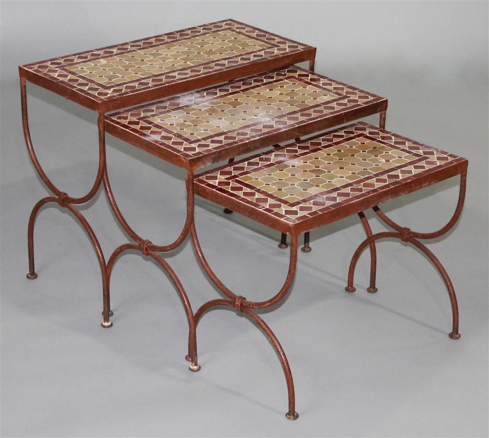 Appraisal: MOROCCAN STYLE TILE AND WROUGHT IRON RECTANGULAR NESTING TABLES TOGETHER