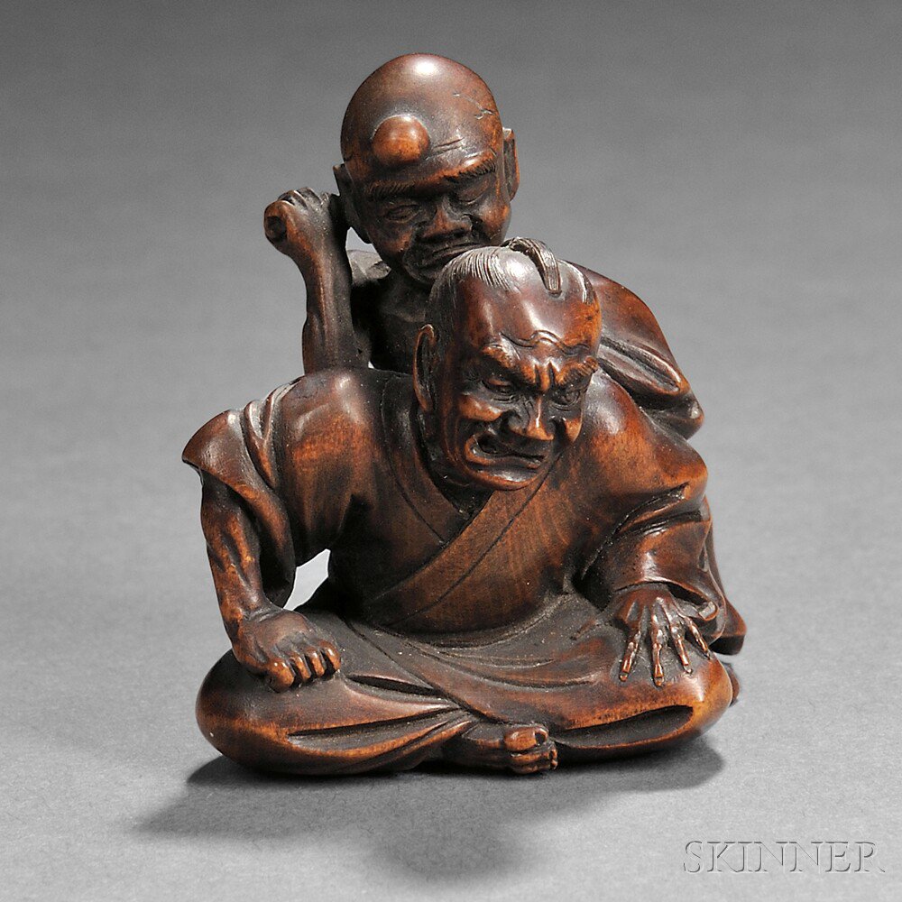 Appraisal: Wood Netsuke of Two Men Japan th century a seated