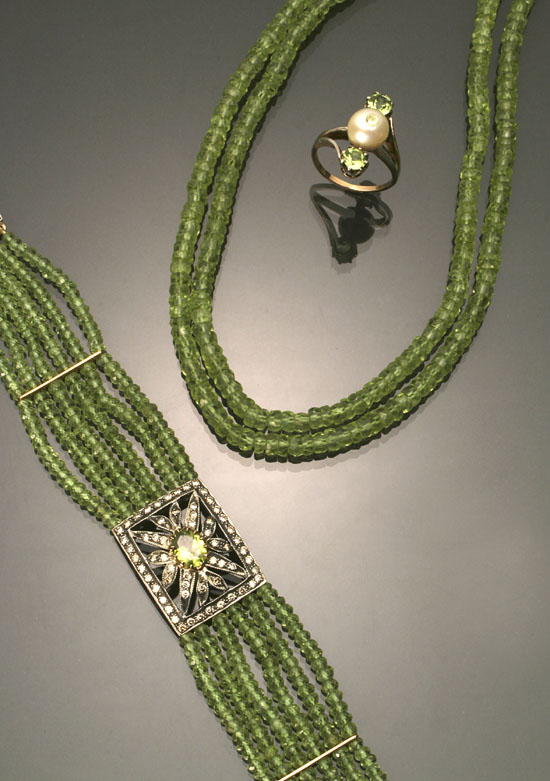 Appraisal: Peridot Diamond and Cultured Pearl Assembled Three-Piece Ensemble Consisting of