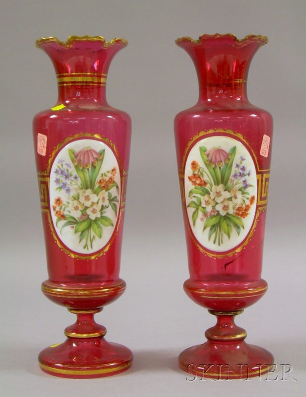 Appraisal: Pair of Victorian Gilt Cranberry Glass Vases Mounted with Hand-painted