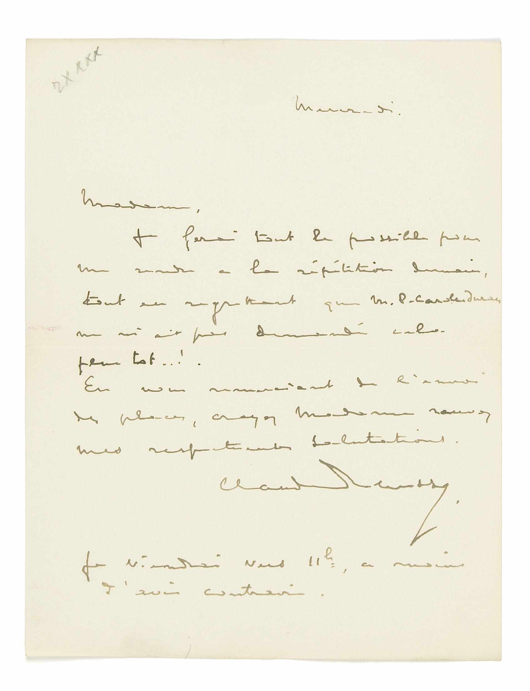 Appraisal: DEBUSSY CLAUDE - Autograph Note Signed ''Claude Debussy'' p vo