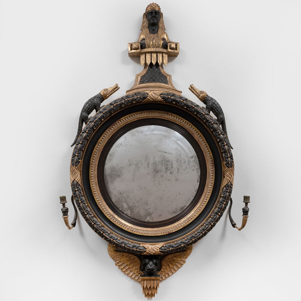 Appraisal: Rare Regency Painted and Parcel-Gilt Convex Girandole Mirror in the